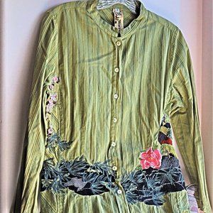 Johnny Was Olive Button Down with Floral Accents